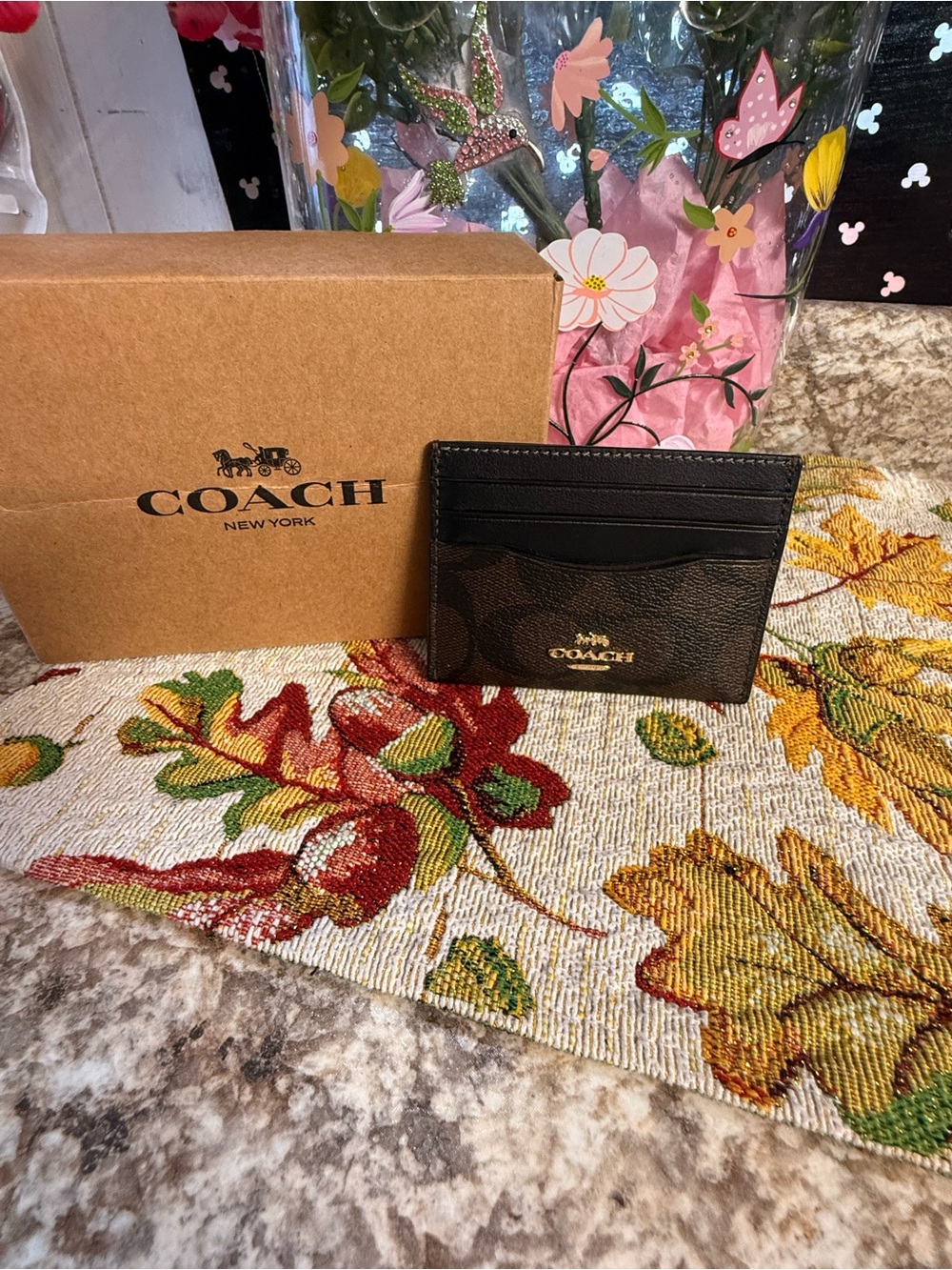 COACH Black Signature Card Wallet with Gold Logo